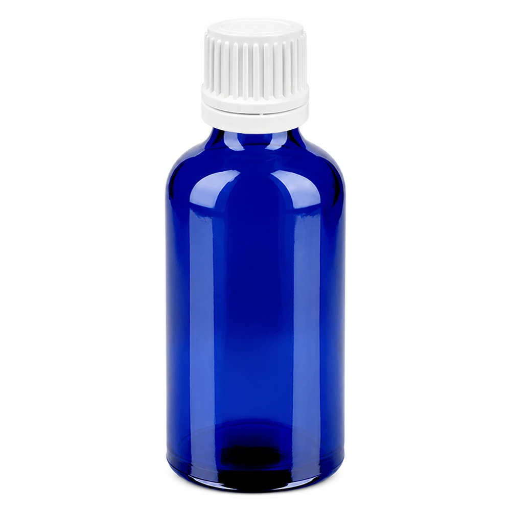 Klein 50ml druppelflesje van blauw glas met precieze 0,7mm BlueLine druppeldop