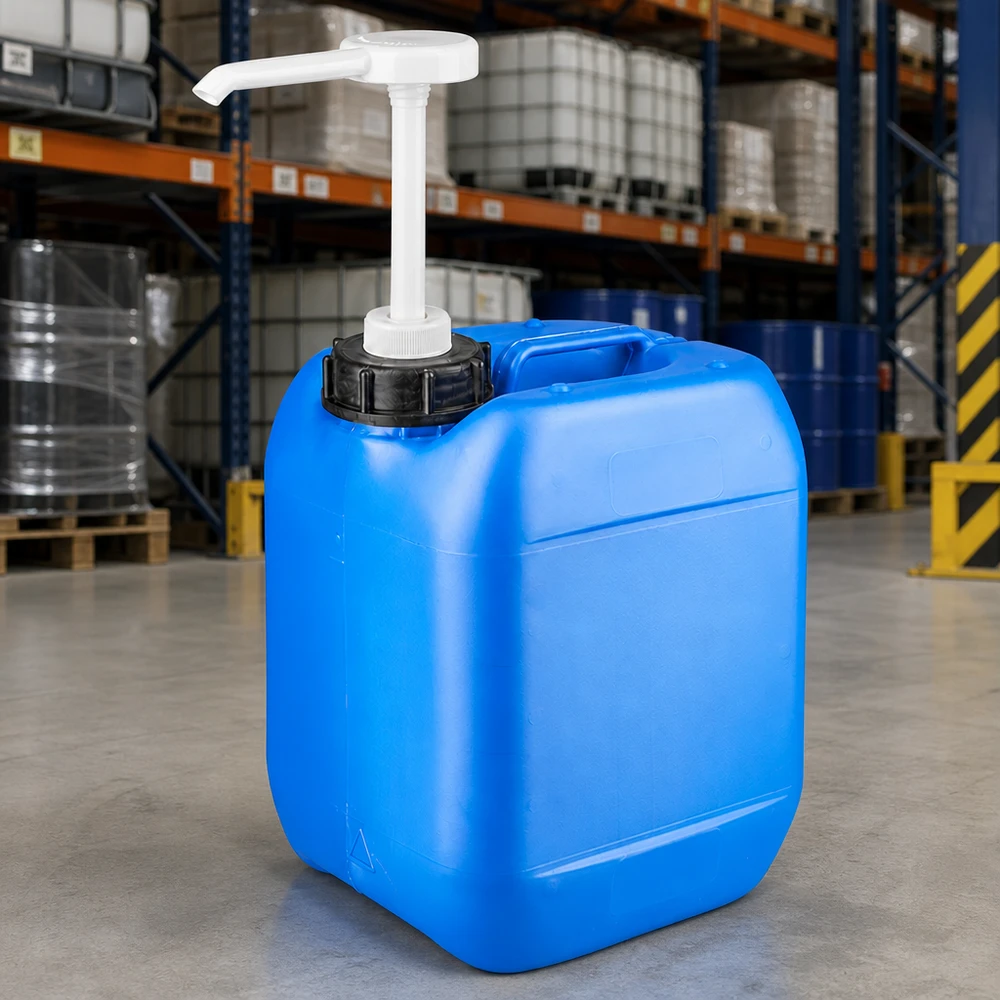 Canister 5 liter blauw met doseerpomp Blauwe jerrycan van 5 liter met doseerpomp in een magazijn, met vaten op de achtergrond