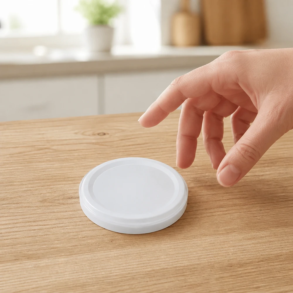 58 mm BasicSeal-deksel, wit (TO58deep) UNiTWIST Een plat, wit dekseltje van 58 mm van BasicSeal wordt met de hand van de tafel opgepakt