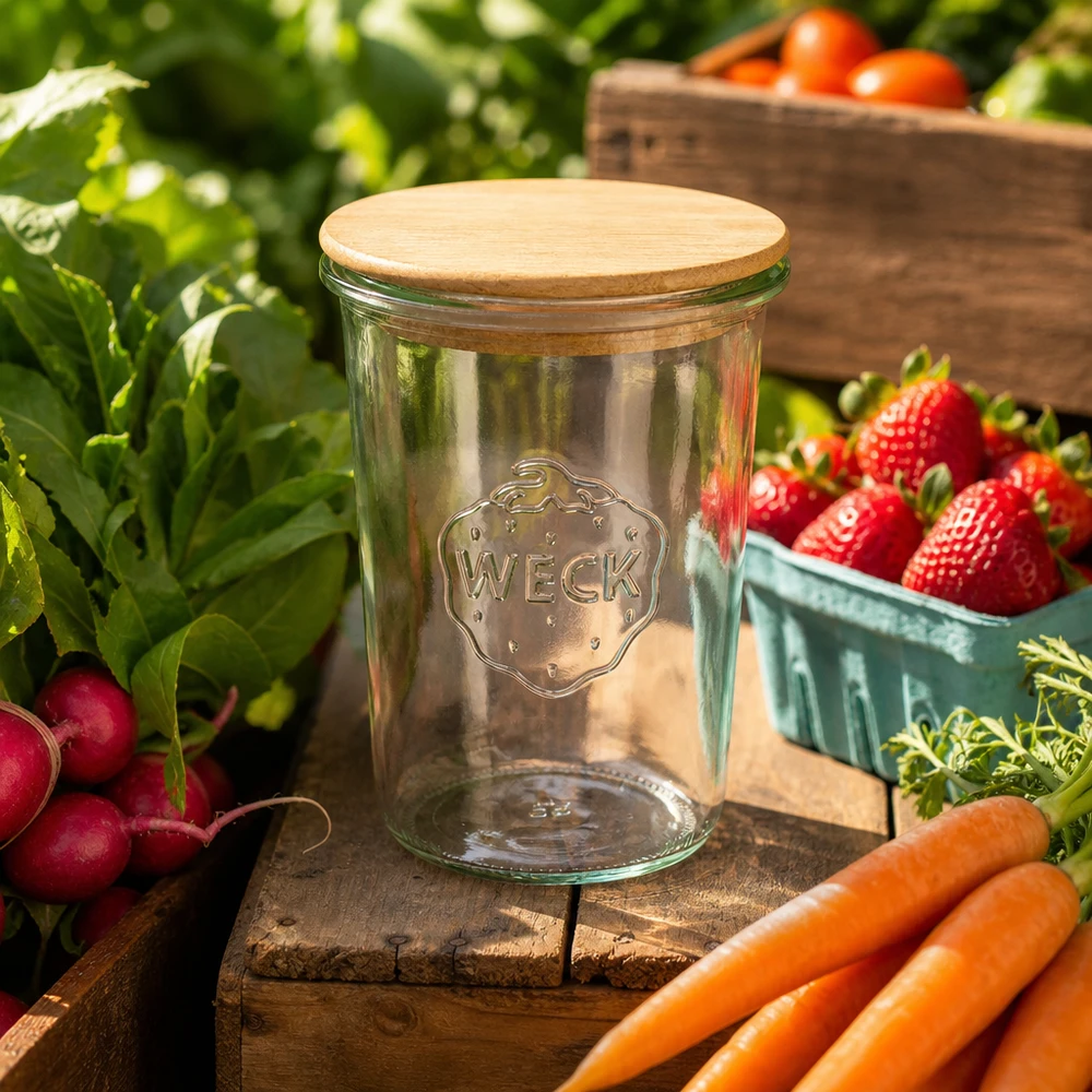 850ml stortglas WECK RR100 met hout deksel WECK voorraadpot 850ml RR100 houten deksel tuintafereel verse groenten wortelen radijs aardbeien tomaten