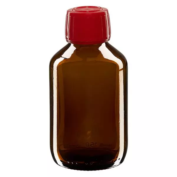 150ml Euro-medicijnfles bruin met rode schroefsluiting VR 150ml Euro-medicijnfles bruin met rode schroefsluiting VR