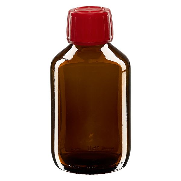 150ml Euro-medicijnfles bruin met rode schroefsluiting VR 150ml Euro-medicijnfles bruin met rode schroefsluiting VR