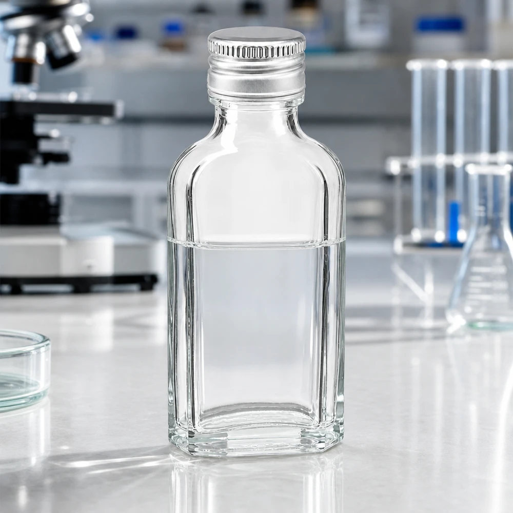 Meplat-flesje van helder glas, 50 ml, met geribbelde aluminium dop PP22 zilver, voor monsters en cosmetica