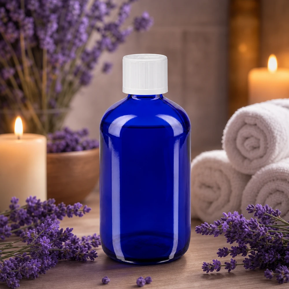 Blauwe glazen flessen 100ml met wit druppelsluiting kinderslot St Blauwe apothekersfles van 100 ml met witte veiligheidssluiting naast lavendel en wellnessdoekjes