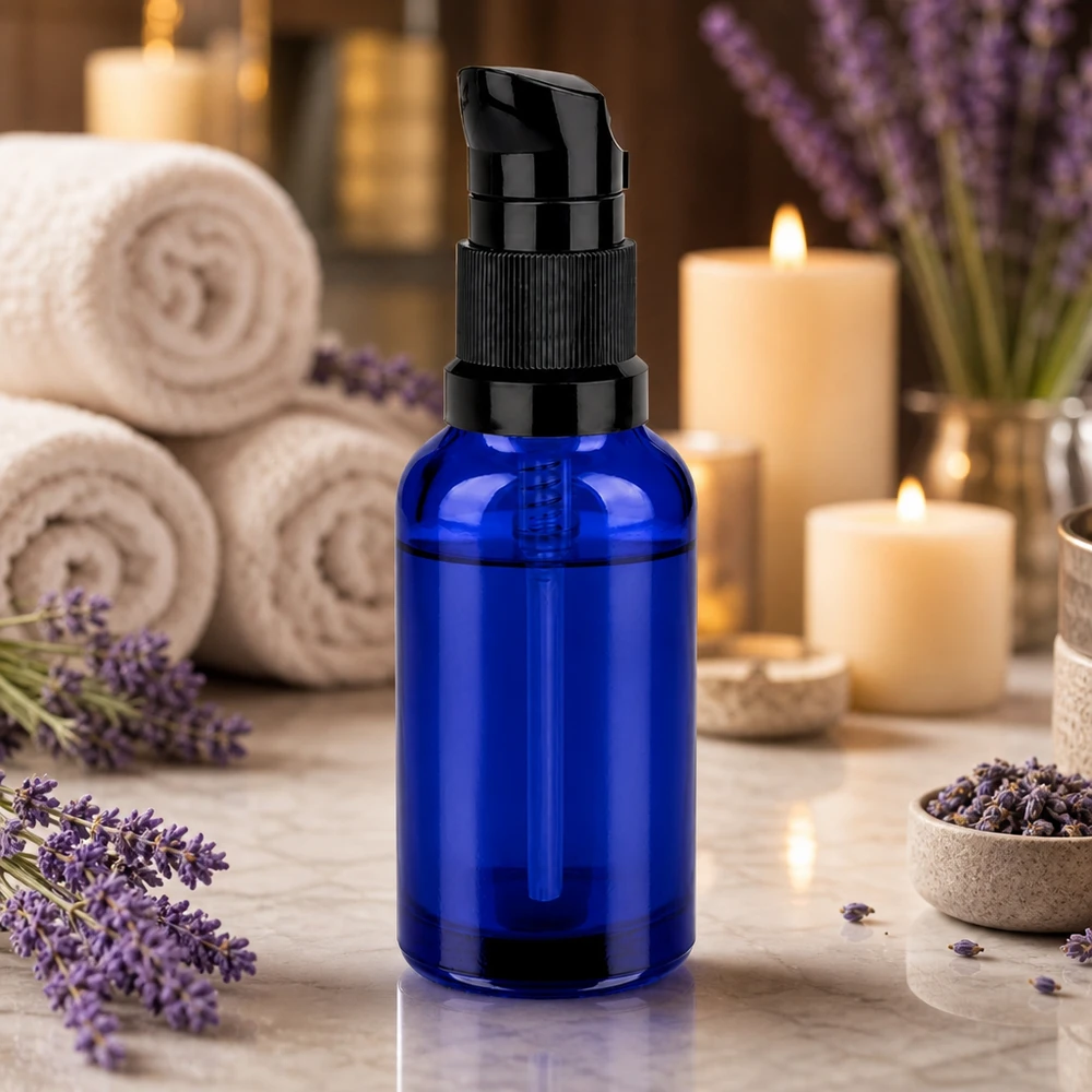 Stijlvolle glazen fles van 30 ml met zwarte pompdop, perfect voor spa en beauty