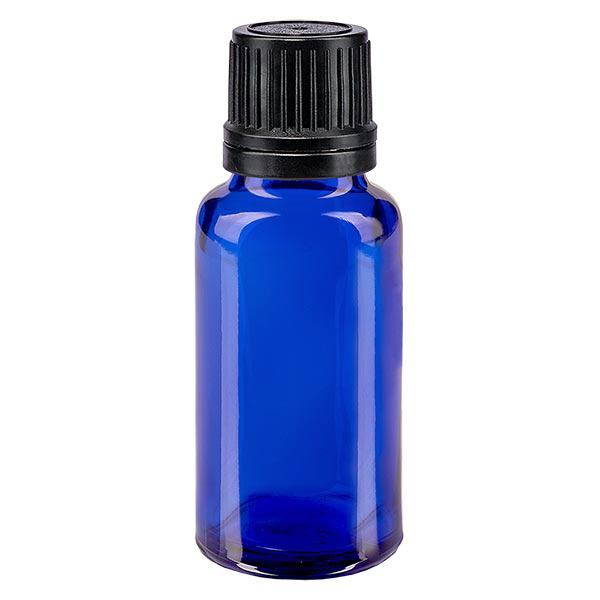 Blauwe glazen flessen 20ml met wit druppelsluiting 1mm VR Blauwe glazen flessen 20ml met wit druppelsluiting 1mm VR