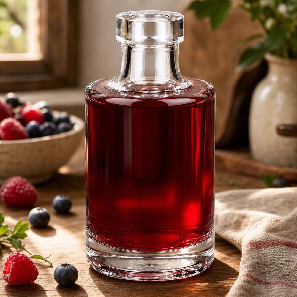 100 ml glazen fles Marie gevuld met rode bessensiroop naast verse frambozen en bosbessen op een houten tafel