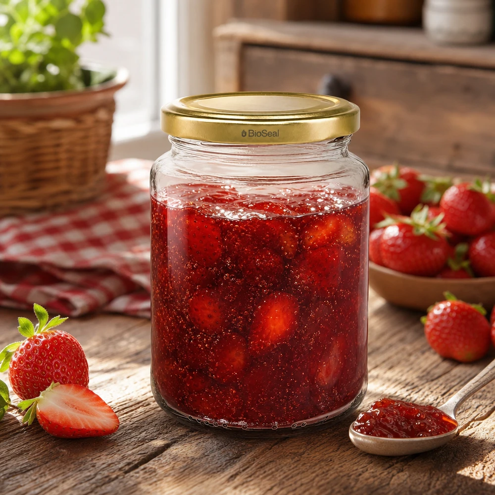 382ml rond glas met BioSeal deksel goud UNiTWIST UNiTWIST Runda382 gevuld met aardbeienjam, TO66 BioSeal deksel goud, zelfgemaakte jam op houten tafel