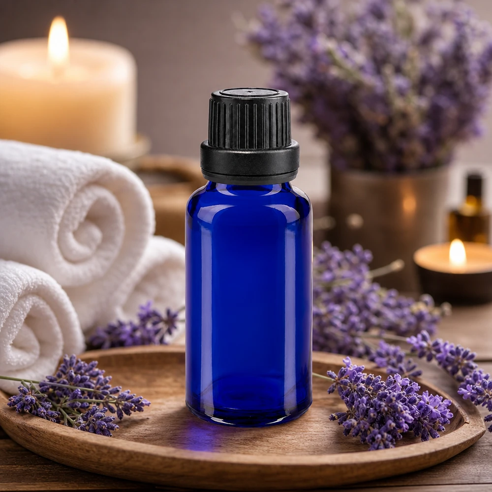 20 ml apothekersflesje van blauw glas, SV OV zwart, voor aromatherapieproducten