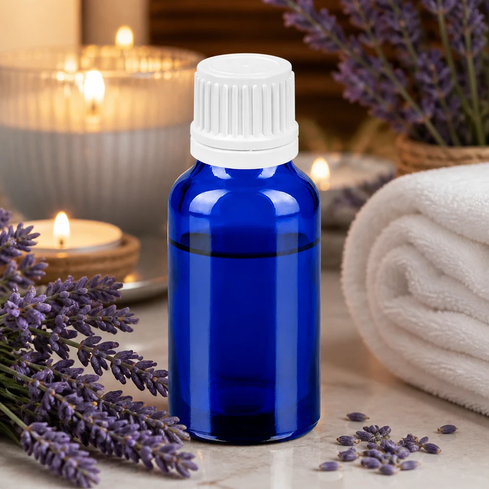 20ml fles 11mm SV wit OV BlueLine UT18/20 Elegant blauw glazen flesje van 20 ml met mat witte dop voor natuurlijke wellnessproducten