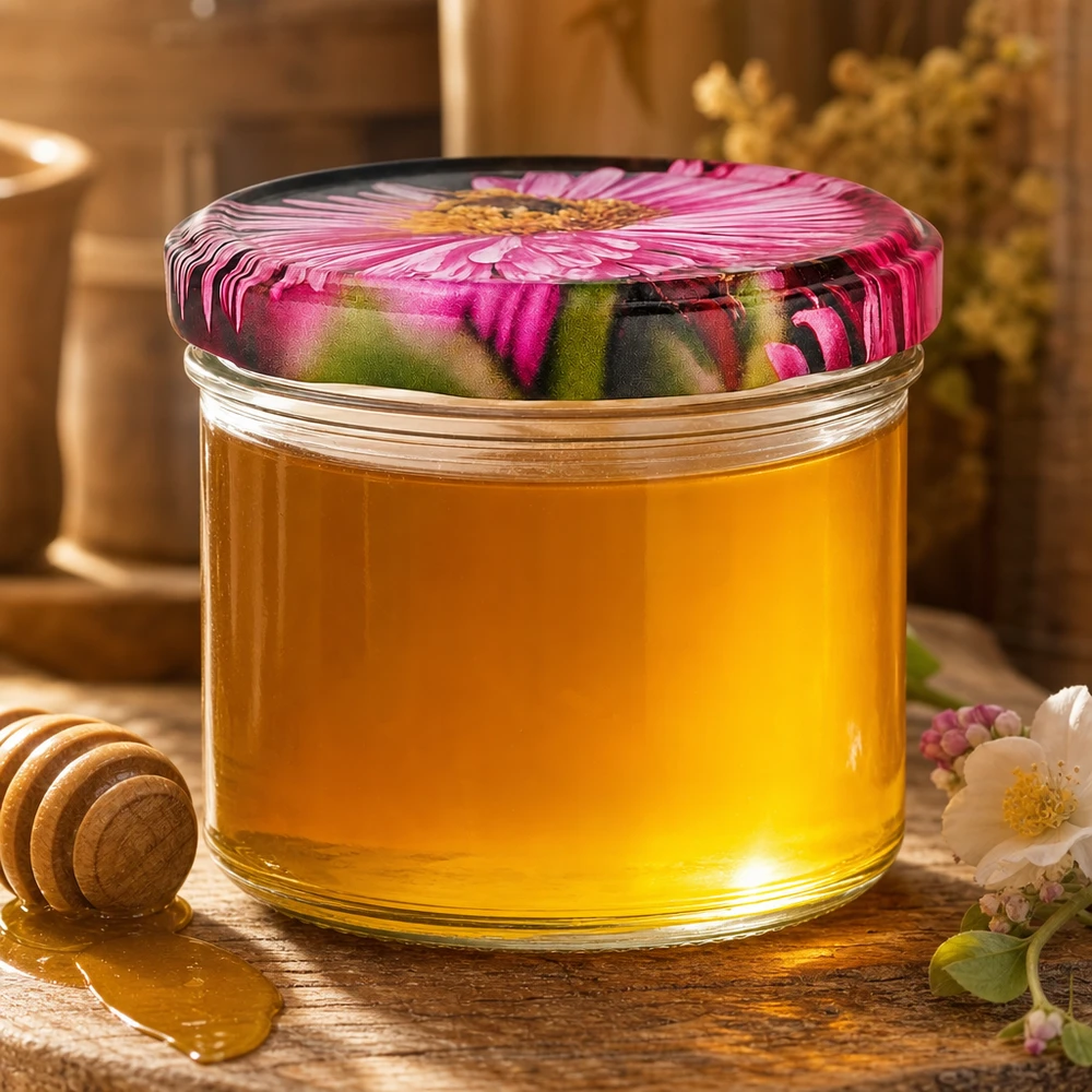 230ml cilindrische pot met BasicSeal deksel Bloemen decor UNiTWIST Honingpot 230ml met BasicSeal bloemdeksel roze gerbera gevuld gouden honing houten honingstick keukengerei