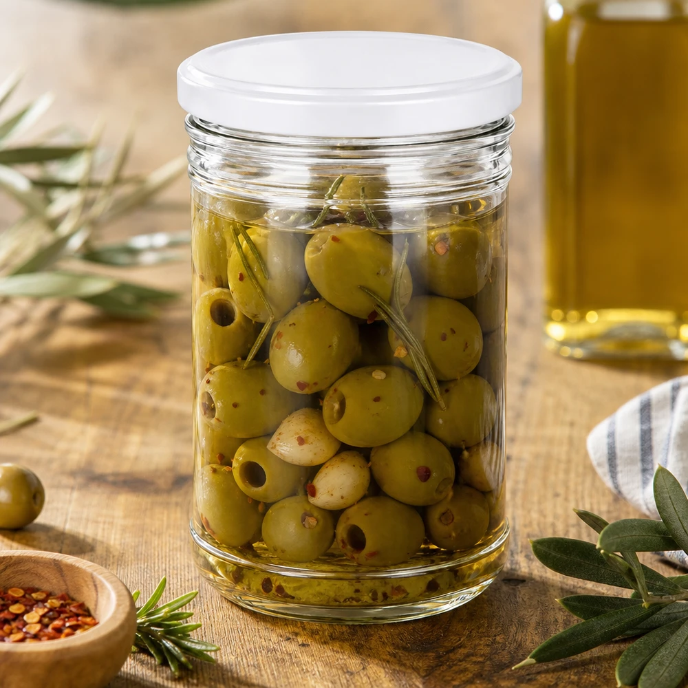 1053ml bekers gevuld met olijven toont mediterraan gebruik BasicSeal deksel witte voorraadpot voor antipasti