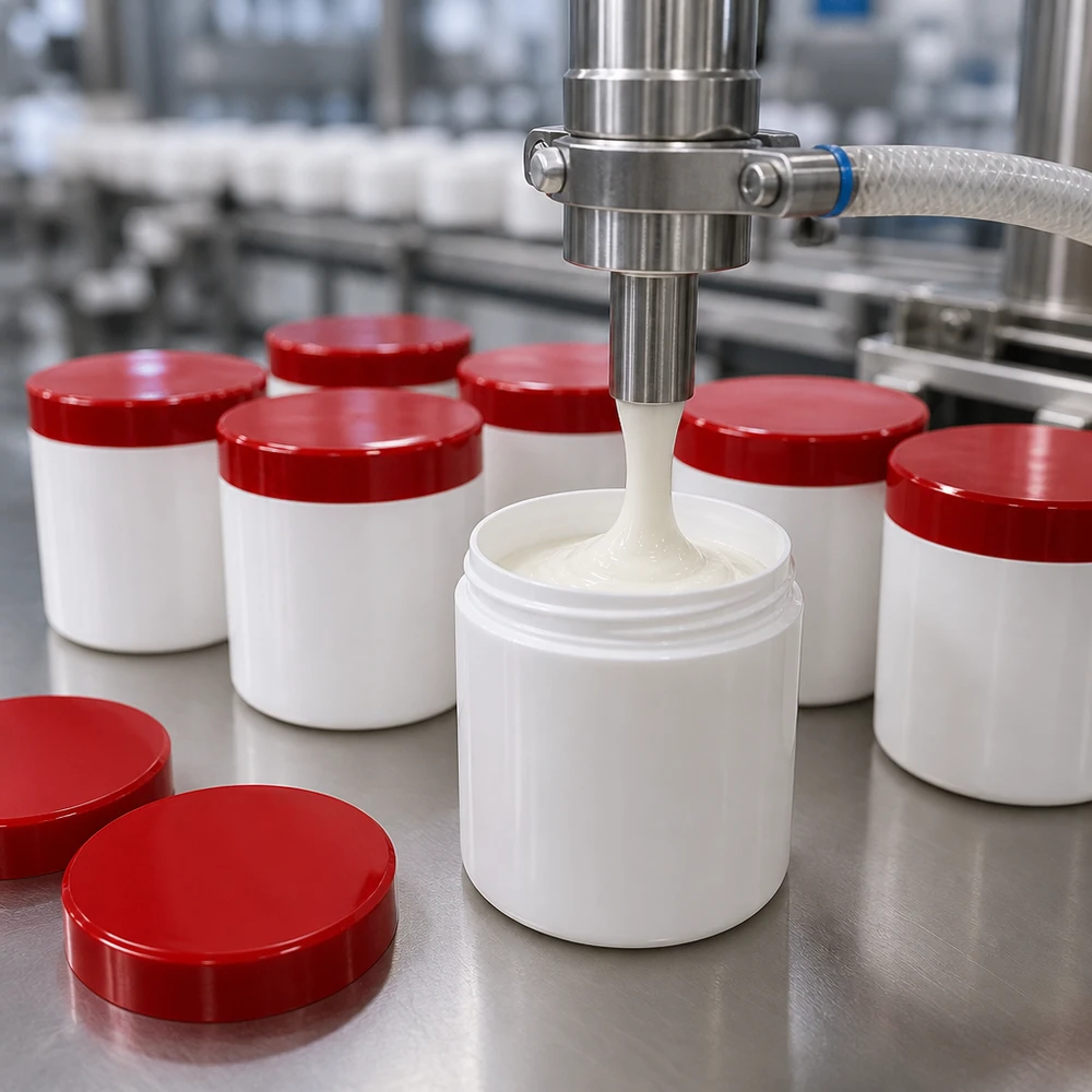 Zalfpot 150 g wit met rood schroefdeksel (PP) Massaproductie van witte zalfpotjes van 150 g, gemaakt van PP-kunststof, met rode schroefdeksels, machinaal gevuld