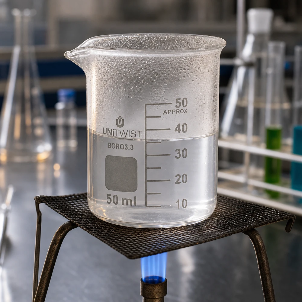 Beker 50ml borosilicaat, lage vorm UNiTWIST Doorzichtig bekerglas van 50 ml, borosilicaat, UNiTWIST, met tuit, verwarmd op een laboratoriumbrander