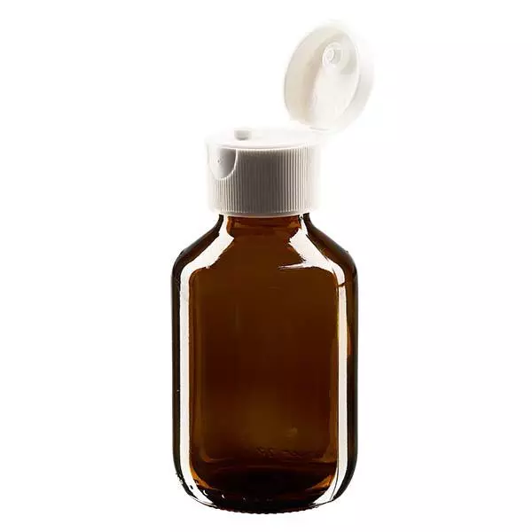 100ml Euro-medicijnfles / siroopfles bruin met witte klapsluiting 100ml Euro-medicijnfles / siroopfles bruin met witte klapsluiting