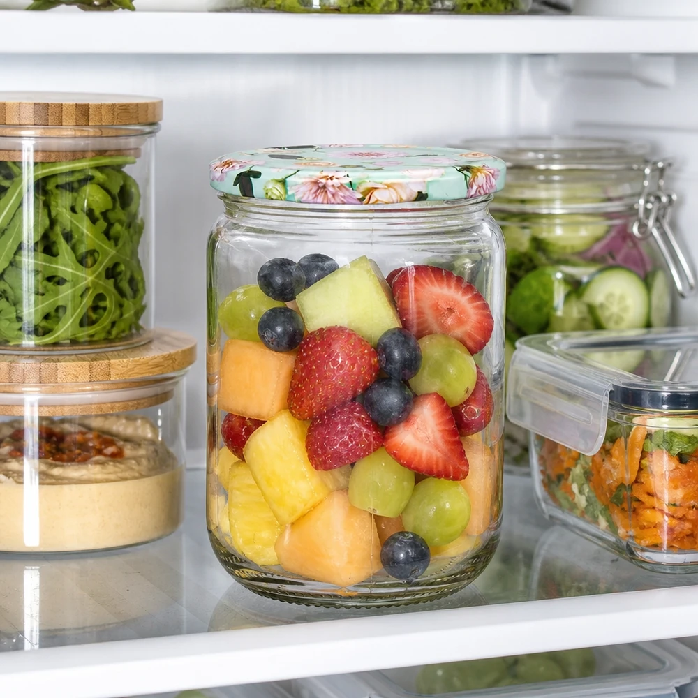 555 ml ronde glazen pot + BasicSeal-deksel met bloemmotief, mint, UNiTWIST Een rond UNiTWIST-glas van 555 ml met fruit naast de saladeglazen en hummus in de koelkast
