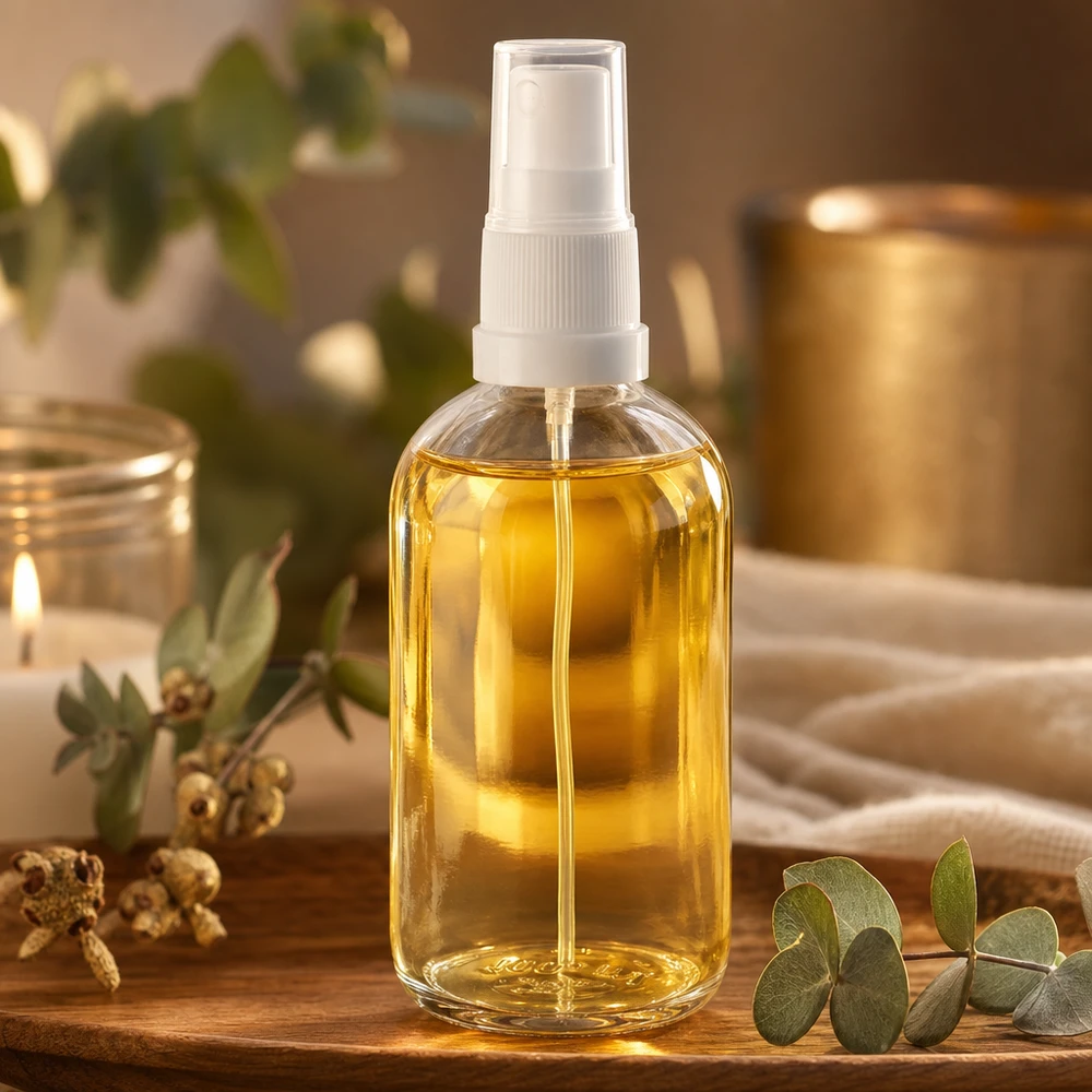 Glazen flesje ClearLine van 100 ml met gouden olie en witte verstuiver op houten dienblad Wellness Ambiente