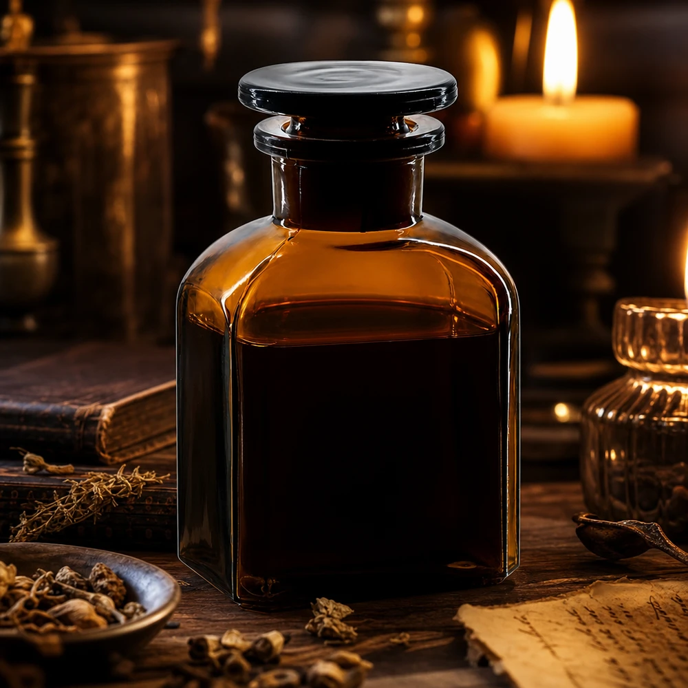 Historische apothekersfles van bruin glas, 150 ml, vierkant, met een grote glazen stop
