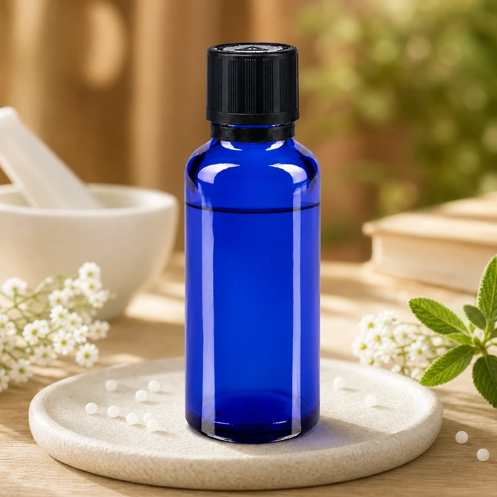 Blauwe glazen flessen 30ml met zwart druppelsluiting kinderslot Bliw VR Kleine blauwe druppelfles van 30 ml van UV-bestendig glas met een zwarte originele dop en kruidendecoratie