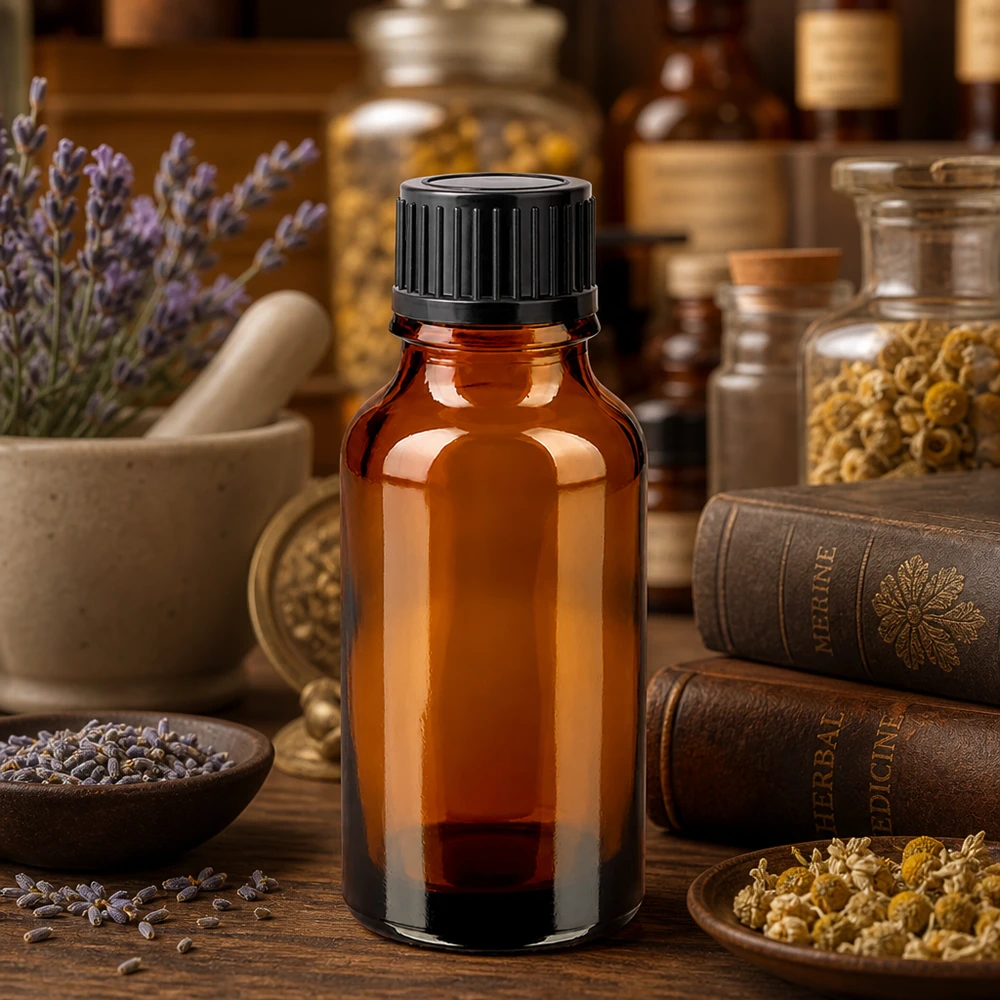 20ml amberkleurig glazen druppelflesje met zwarte dop voor homeopathische middelen en extracten
