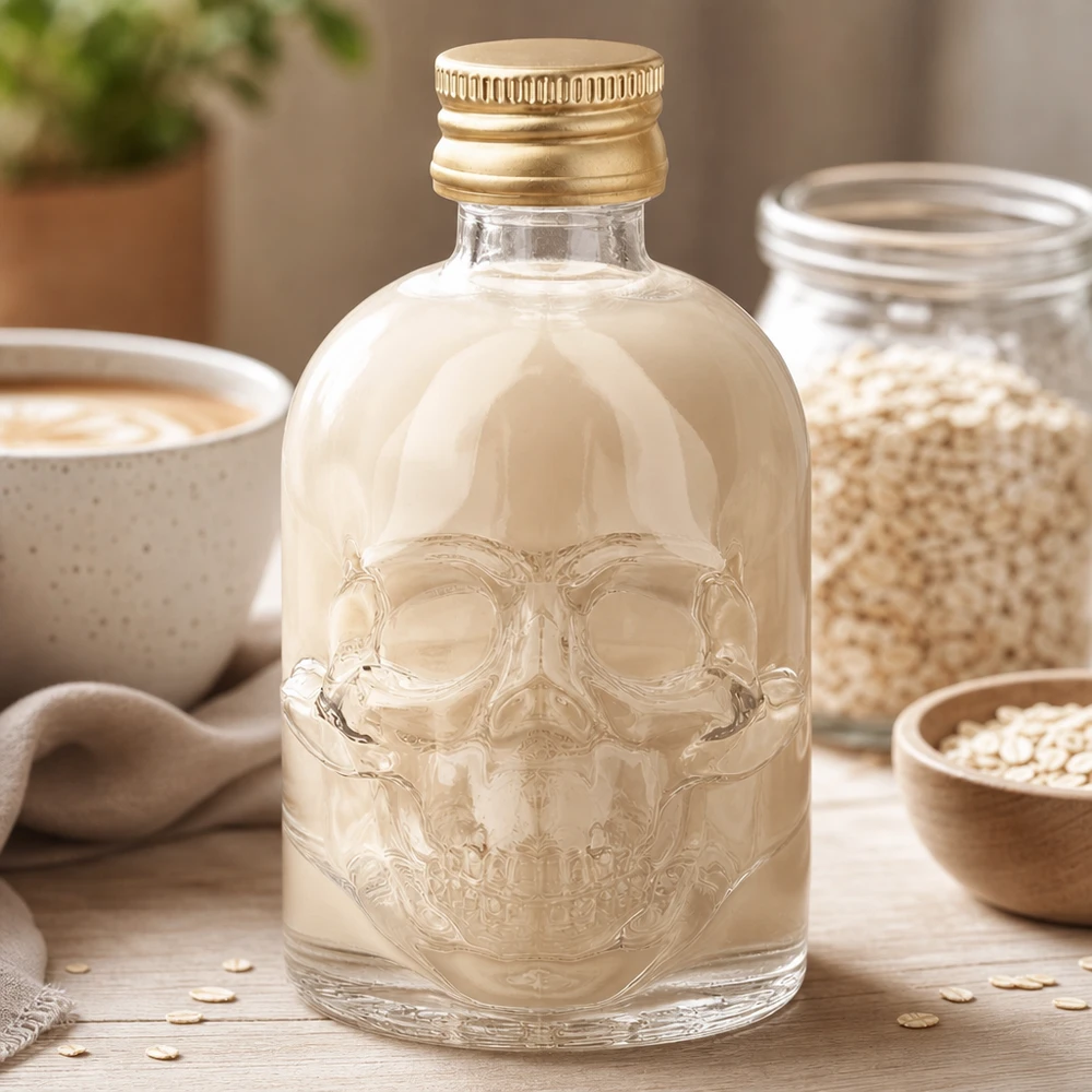 50 ml glazen fles Hector en schroefdop goud UNiTWIST® 50ml Hector glazen fles met schedelreliëf en gouden dop in een natuurlijke keukenomgeving met havervlokken