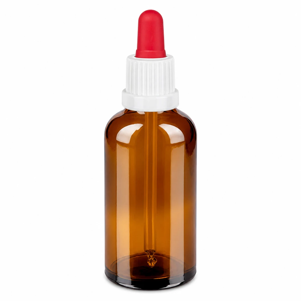 Amberglazen pipetfles van 50 ml met witte dop en rode pipet voor nauwkeurig doseren