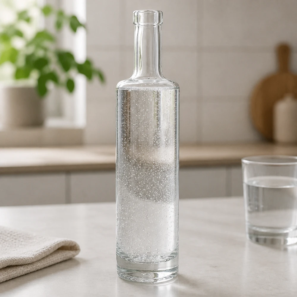 500 ml glazen fles Lina zonder sluiting UNiTWIST® 500ml Glasflasche Lina mit sprudelndem Wasser gefüllt in modernem Küchenambiente mit Wasserglas und Textil-Deko