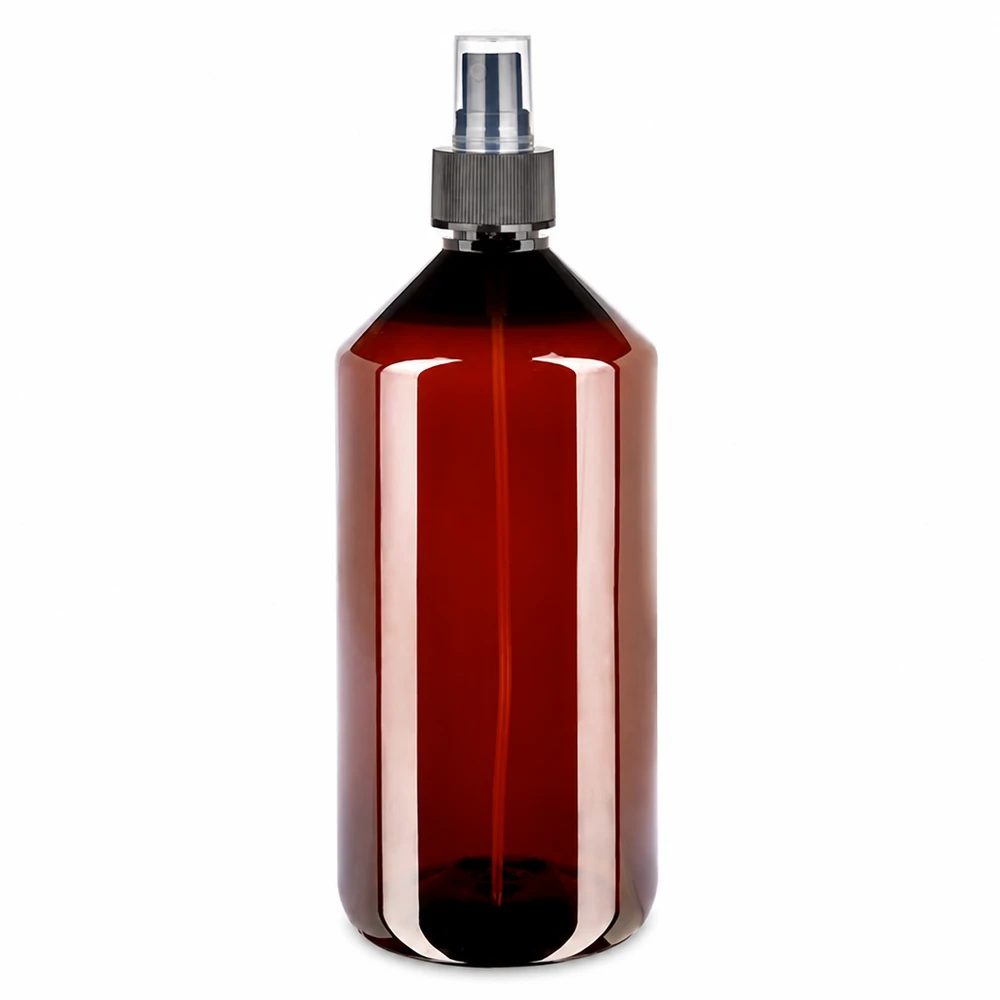 1000 ml PET medicijnfles met verstuiver zwart GCMI 28/410 incl. dop transparant, standaard Doorzichtige bruine ronde fles van recyclebaar PET-materiaal met verstuiver, 1 l