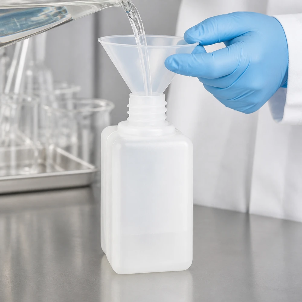 Het hanteren van een PE-HD-fles van 50 ml met GL 18-dop met beschermende handschoenen aan bij het overgieten van chemicaliën