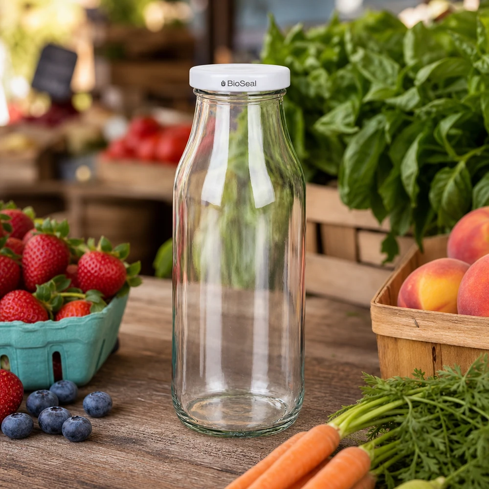 UNiTWIST Fles263 Lege glazen fles tussen vers fruit en groenten op een houten tafel in een natuurlijke keukenscène