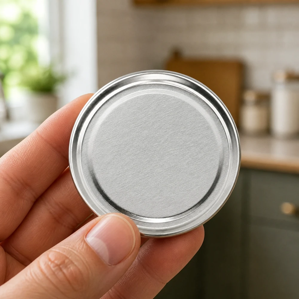66 mm BasicSeal-deksel, zilver (TO66) UNiTWIST Hand houdt een ronde zilveren schroefdeksel van 66 mm vast voor voorraadpotten