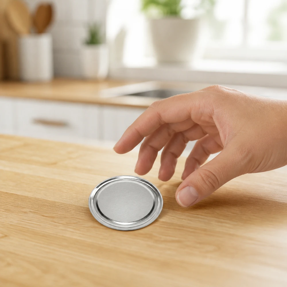 63 mm BasicSeal-deksel, zilver (TO63) UNiTWIST Zilveren schroefdeksel 63 mm BasicSeal voor jam en inmaakpotten op een houten ondergrond