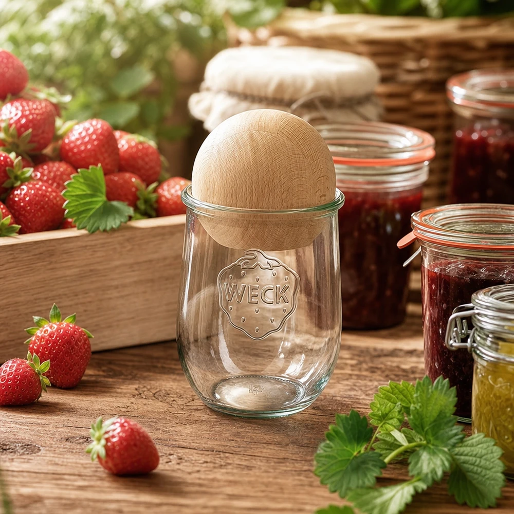 1062ml tulpenglas WECK RR100 met houten bal WECK inmaakpot 1062ml RR100 met houten deksel voor het inmaken van aardbeienjam in een landelijke keuken
