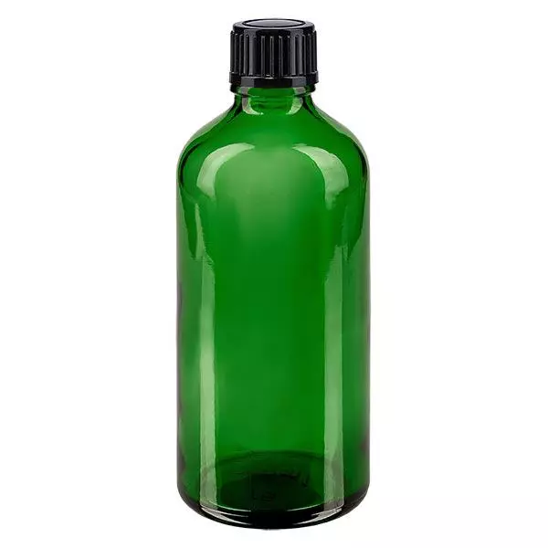 Groenen glazen flessen 100ml met zwart schroefsluiting St Groenen glazen flessen 100ml met zwart schroefsluiting St