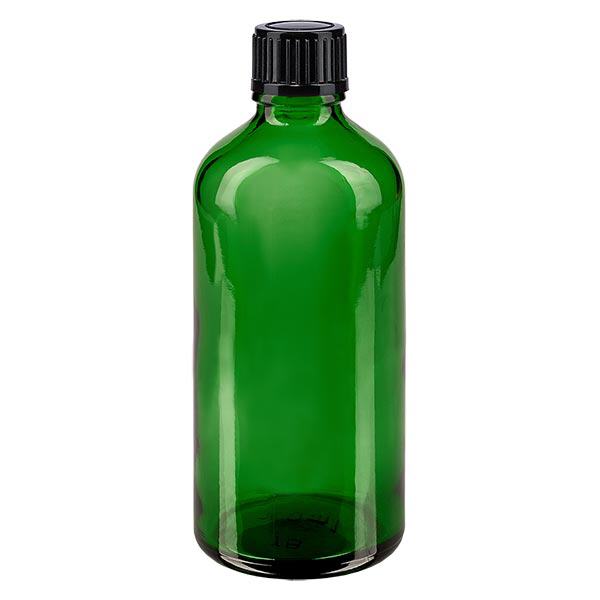 Groenen glazen flessen 100ml met zwart schroefsluiting St Groenen glazen flessen 100ml met zwart schroefsluiting St