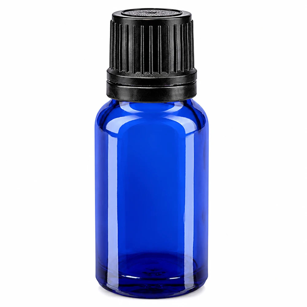 10 ml ApoGlas-druppelflesje, blauw, met UV-bescherming en een zwarte OV-dop, voor etherische oliën