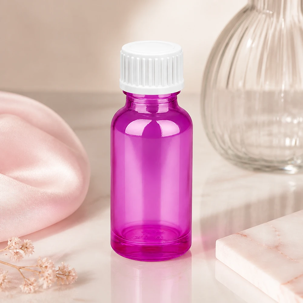 20ml (bol)fles 3mm schenkring wit standaard PurpleLine.UT18/20 Glazen flesje van 20 ml in paars met praktische schroefdraad voor eenvoudig gebruik