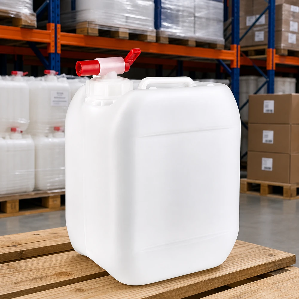 Doorschijnende vierkante jerrycan van 5 liter met doseerkraan voor chemicaliën en schoonmaakmiddelen