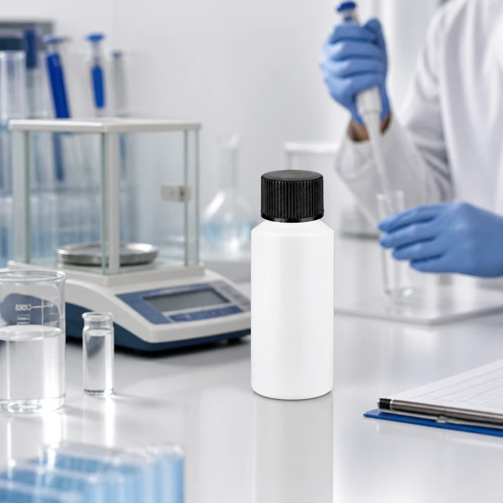 PET cilinderfles 30ml wit met schroefsluiting zwart Lege, onbedrukte HDPE-fles van 30 ml, wit met zwarte verzegeling, in een laboratoriumomgeving