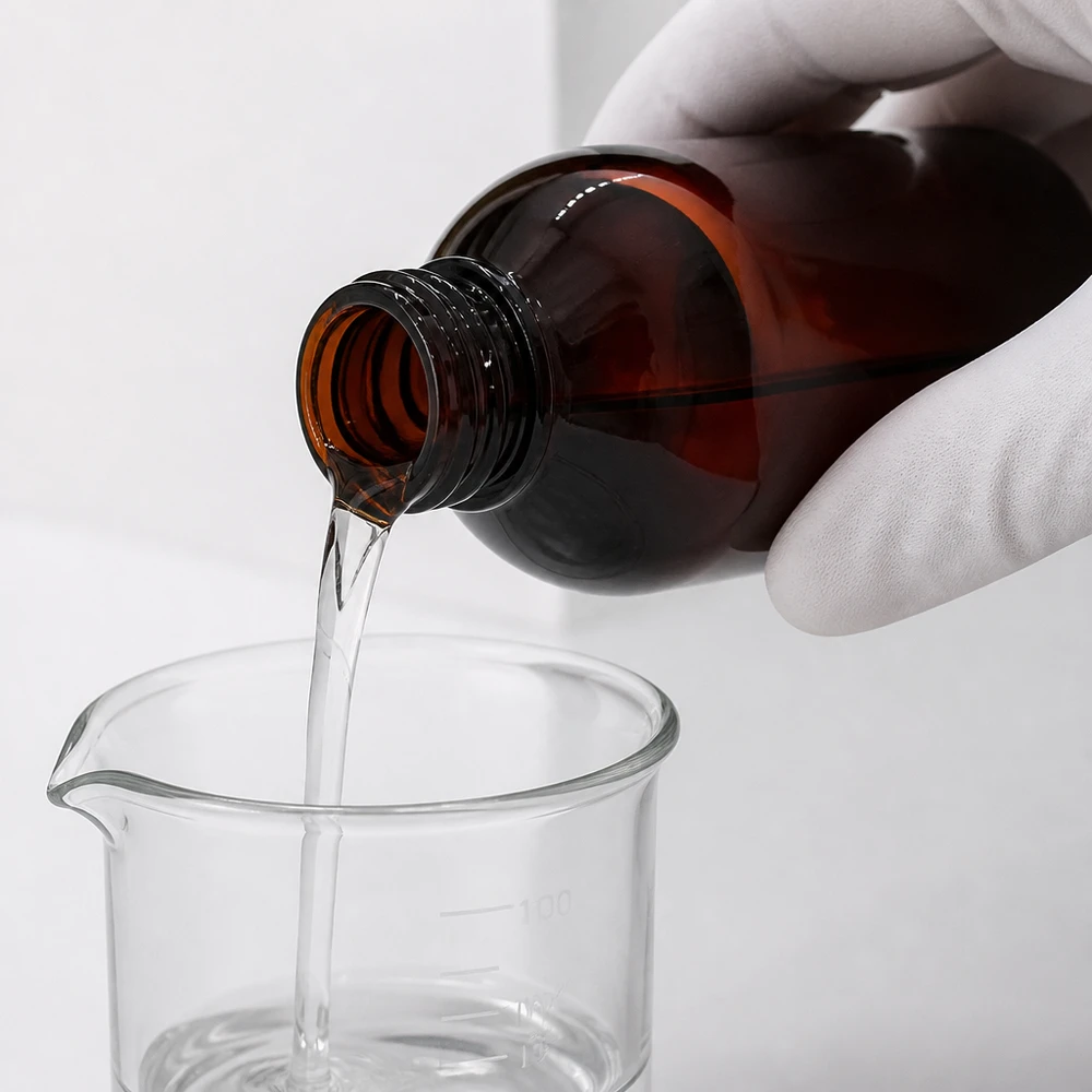 PET fles 250ml met ontgassingsdop rood Professioneel laboratoriumgebruik met een bruine PET-fles van 250 ml en witte beschermhandschoenen bij het uitgieten