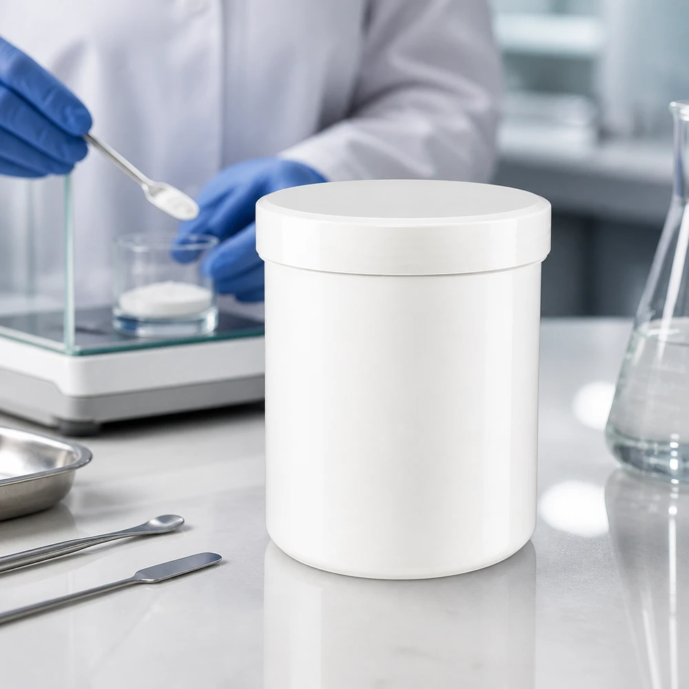 Grote witte zalfpot van 500 g van PP, naast spatels en een roestvrijstalen schaal in de laboratoriumomgeving