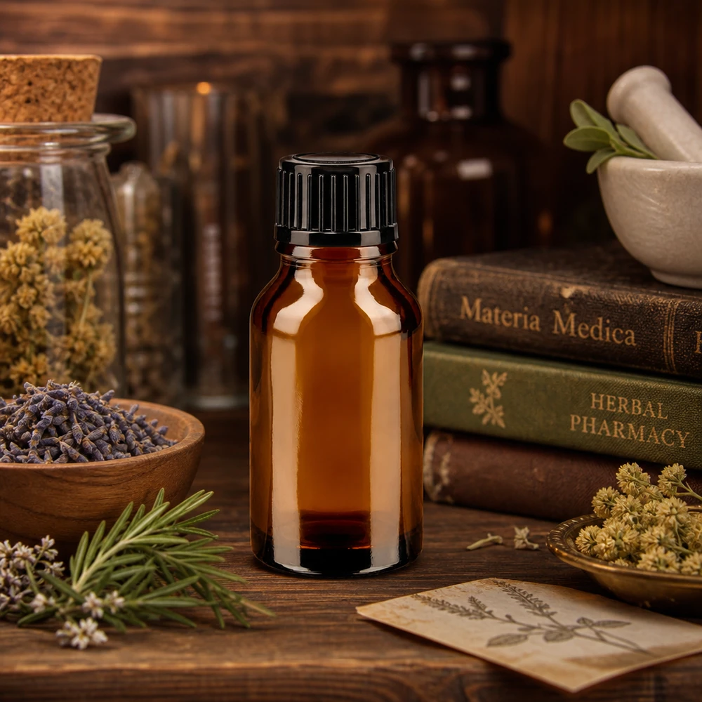 Apotheekflesje van bruin glas, 15 ml, met zwarte schroefdop, naast een vijzel en medicinale kruiden