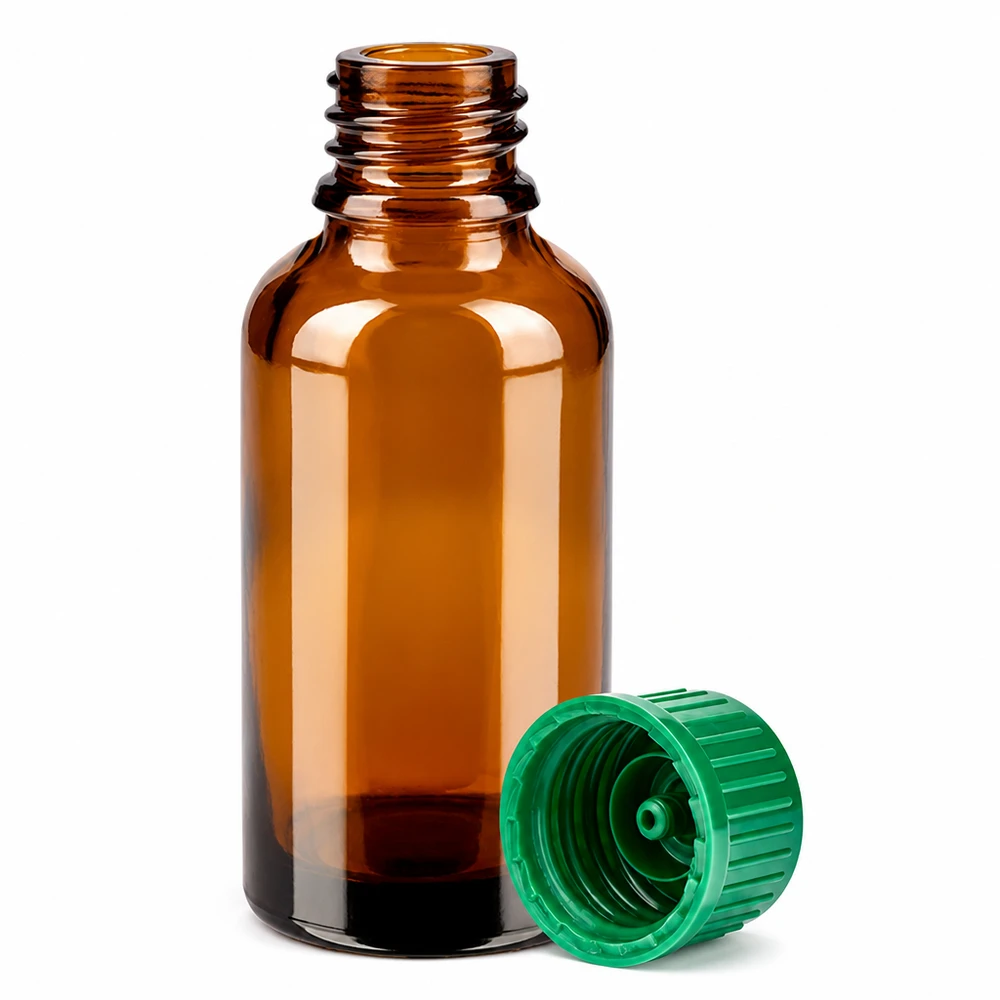 30ml laboratoriumfles bruin met groene schroefdop ideaal voor lichtgevoelige stoffen