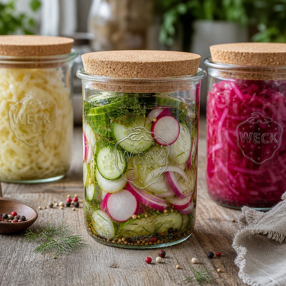 1000ml stortglas WECK RR100 met kurk WECK 1000ml RR100 inmaakpot met kurken deksel Set inmaakpotten voor komkommer, zuurkool en radijs
