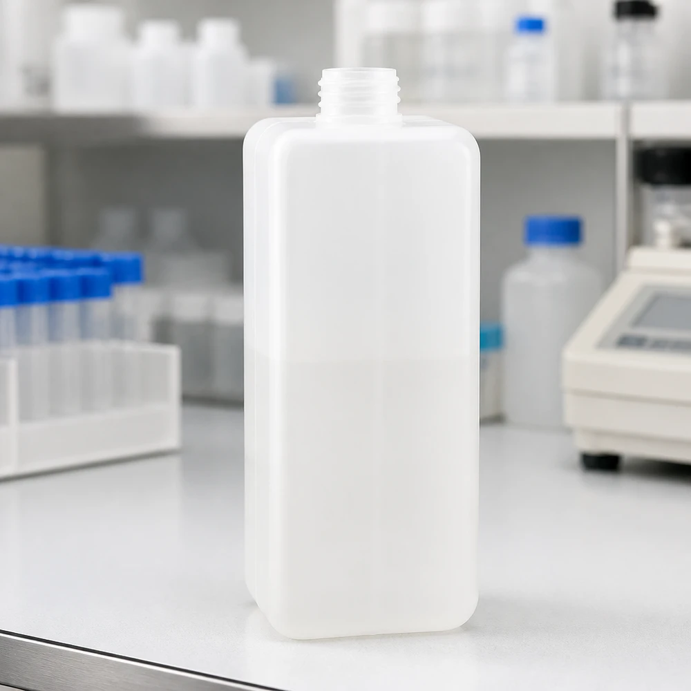 Chemicaliënfles 1000 ml, nauwe hals Stevige laboratoriumbak met PE-HD-fles voor chemicaliën van 1000 ml met smalle hals GL 32 in een moderne laboratoriumomgeving