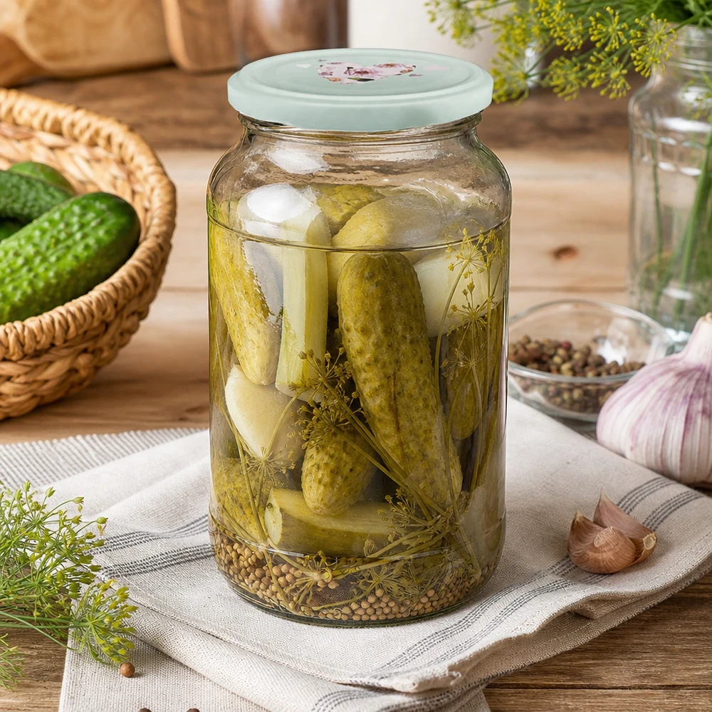 Ingemaakte komkommers in een ronde pot van 1062 ml met een mintgroen hartvormig deksel als toepassingsvoorbeeld voor conserveren