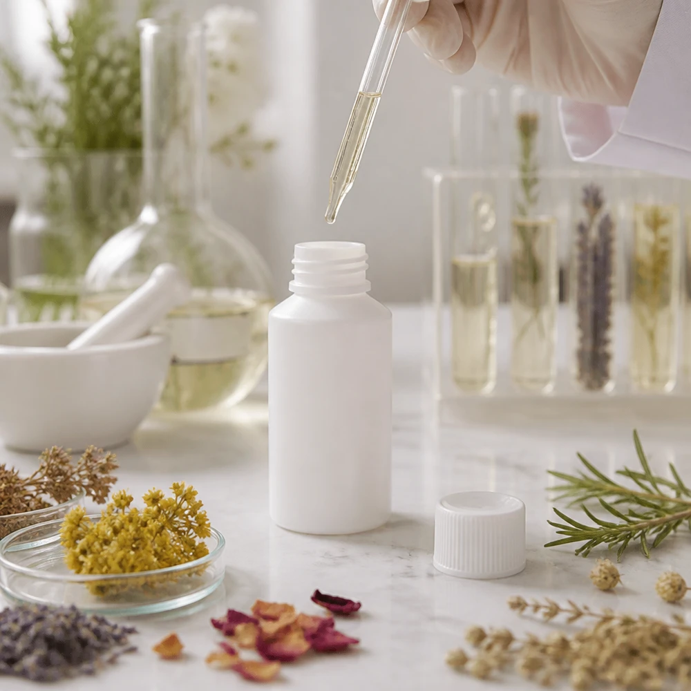 50 ml HDPE-farmaceutische fles met veiligheidssluiting, tussen reageerbuisjes en plantenextracten