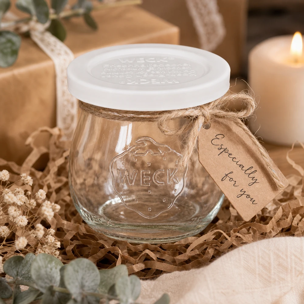 75ml tulpenglas met vershouddeksel WECK RR40 WECK tulp pot 75ml RR40 als een geschenk decoratief verpakt met kraft papier tag en jute lint op hout