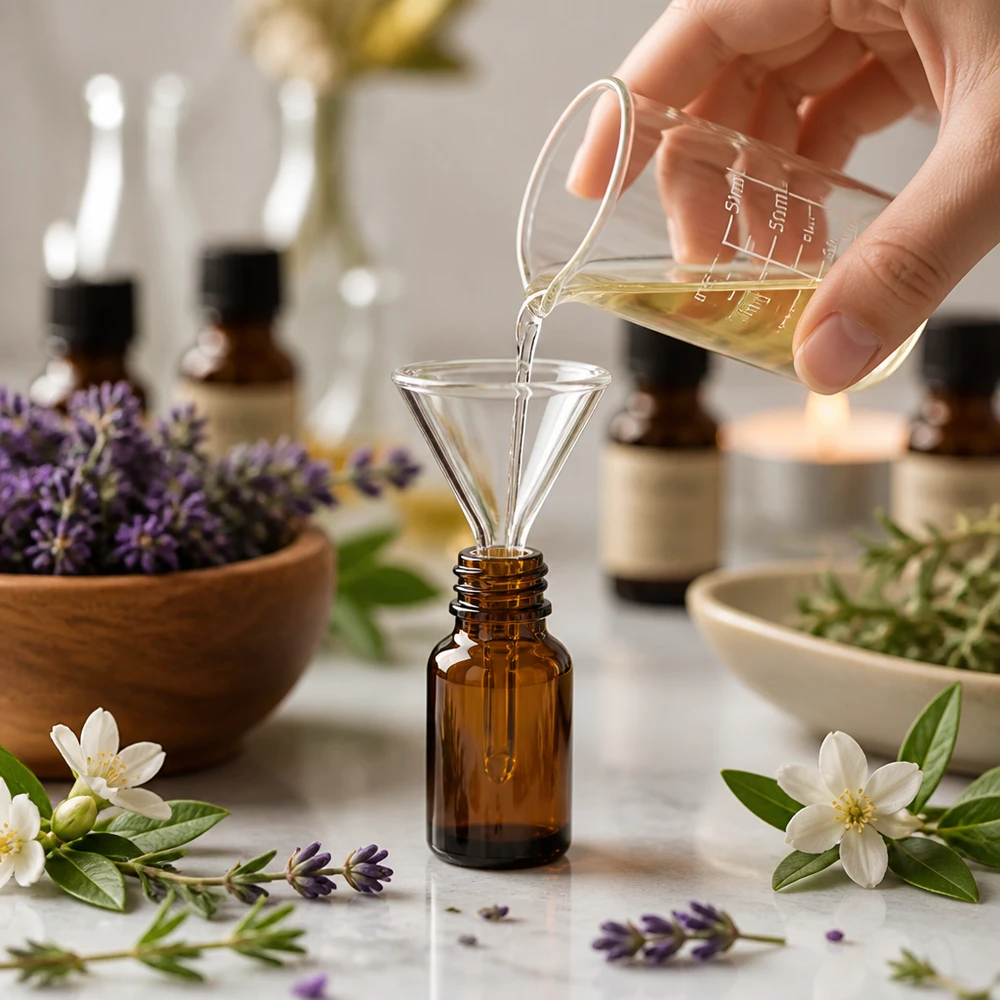 Transparante trechter van natronkalkglas met een diameter van 30 mm, ideaal voor de productie van etherische oliën en cosmetica