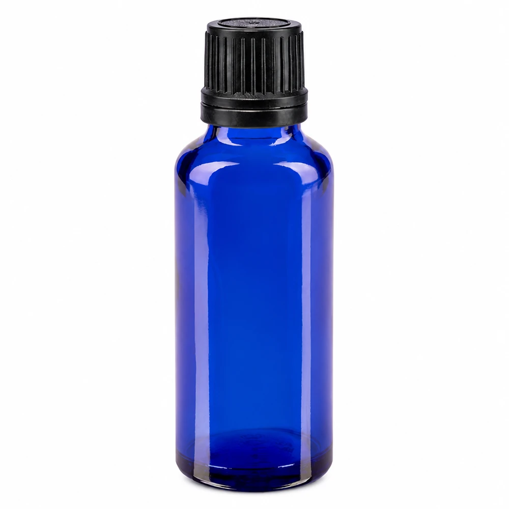 Blauwe glazen flessen 30ml met zwart druppelsluiting 1mm VR Kobaltblauw glazen flesje van 30 ml met verzegelde dop en nauwkeurige druppelaar